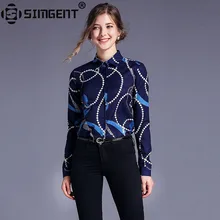 Simgent женские топы, летняя мода, отложной воротник, длинный рукав, принт, блузки и рубашки, Синяя Женская одежда, блузы SG96112