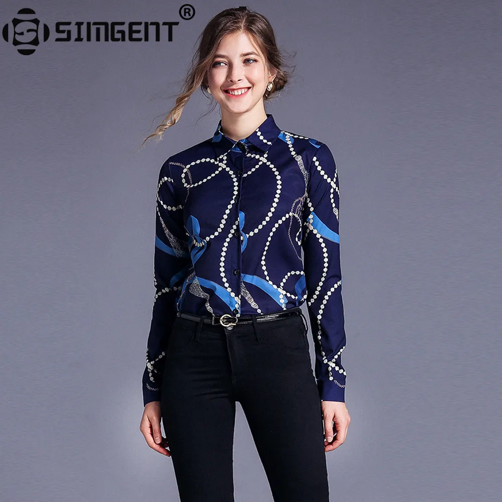 

Simgent Women Tops 2019 Summer Fashion Turn Down Collar Long Sleeve Print Blouses and Shirts Blue Woman Clothing Blusas SG96112