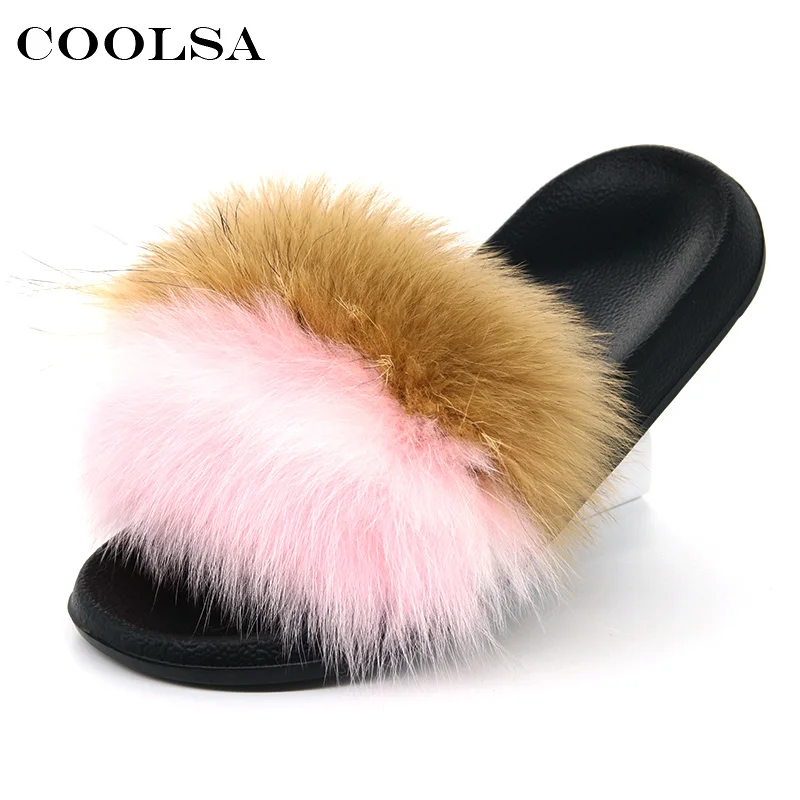 Brown- Pink- White Coolsa Для женщин лисий мех тапочки в форме сердца разноцветные пушистые реального меховые шлепанцы женские сандалии с мехом дома милые плюшевые обувь - Цвет: Brown- Pink- White