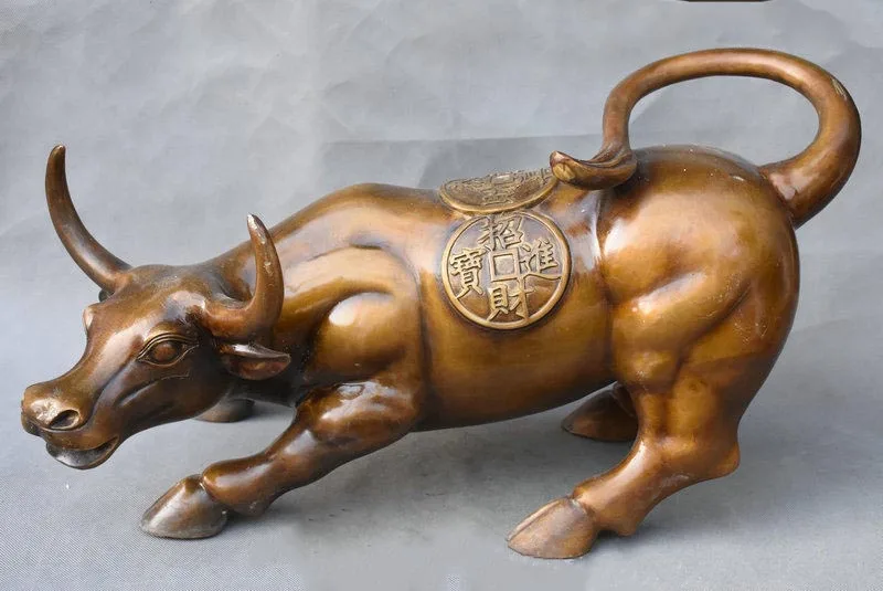 

22" Chinese Feng Shui Copper Bronze Sculpture Wealth Coin Strong Bull Ox Statue
