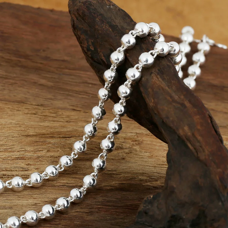 

Fashion S925 Sterling Silver Retro Thai Silver Vintage Punk Style Chiang Mai Handmade 5mm Beads Necklace Men And Women