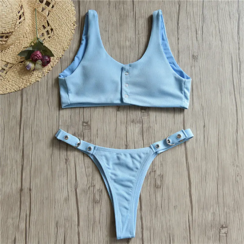 INGAGA Sexy Thong Bikini Solid Swimwear Women Metal Button Swimsuit Padded Bathing Suits New 2019 Summer Beach Bikini Mujer