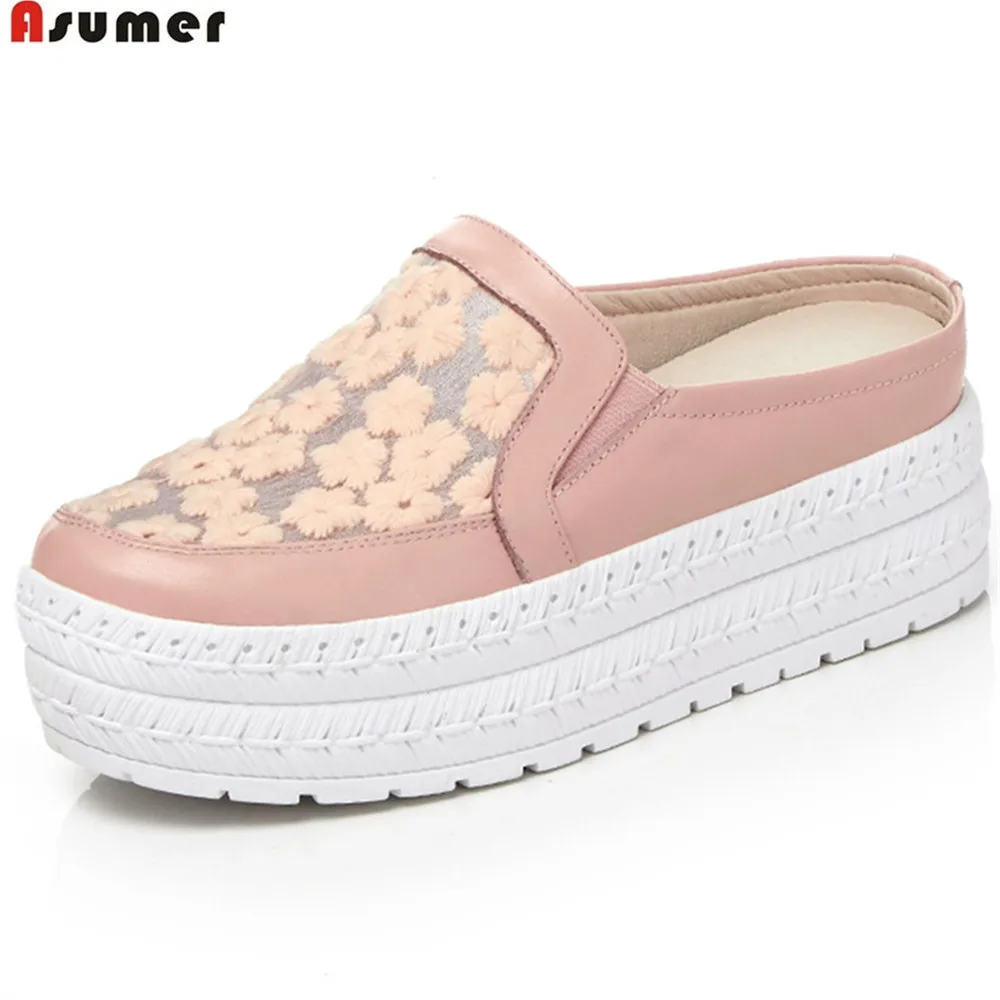 

ASUMER pink black white fashion casual ladies single shoes flat platform slip on women grenadine+genuine leather flats shoes