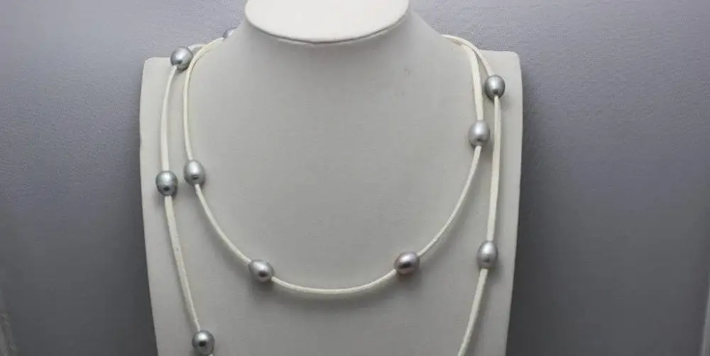 Бесплатная доставка 19 бисера белый Кожаный серый Пресной Воды Перл Necklace48
