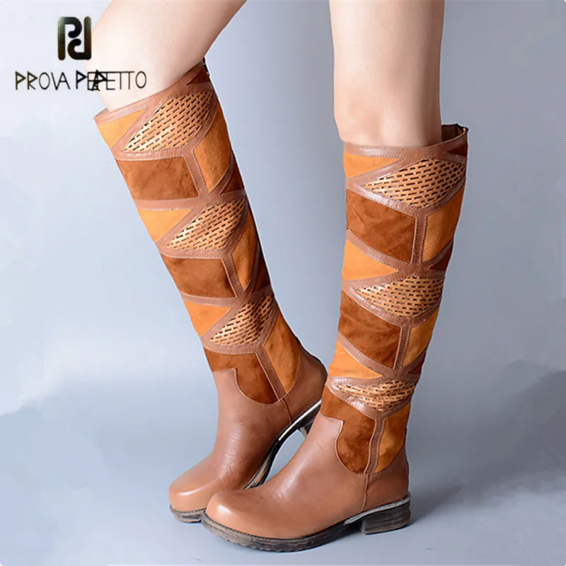 

Prova Perfetto Fashion Patchwork Women Knee High Boots Flat Riding Boots Platform Rubber Botas Militares Autumn Winter High Boot