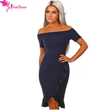 Caro Amante Mulheres Verão Vestido Sexy Vestido de Festa Azul Marinho Guarnição Babado Manga Curta Fora Do Ombro Vestido Midi Vestidos Robe Femme LC610869