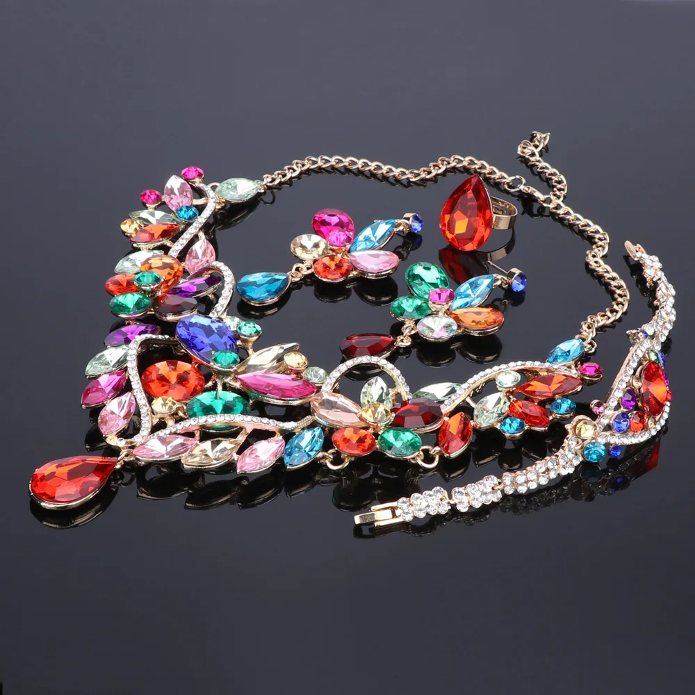Роскошное Кристальное ожерелье с цветком из страз браслет серьги кольцо набор для женщин Свадебные Ювелирные наборы 5 цветов