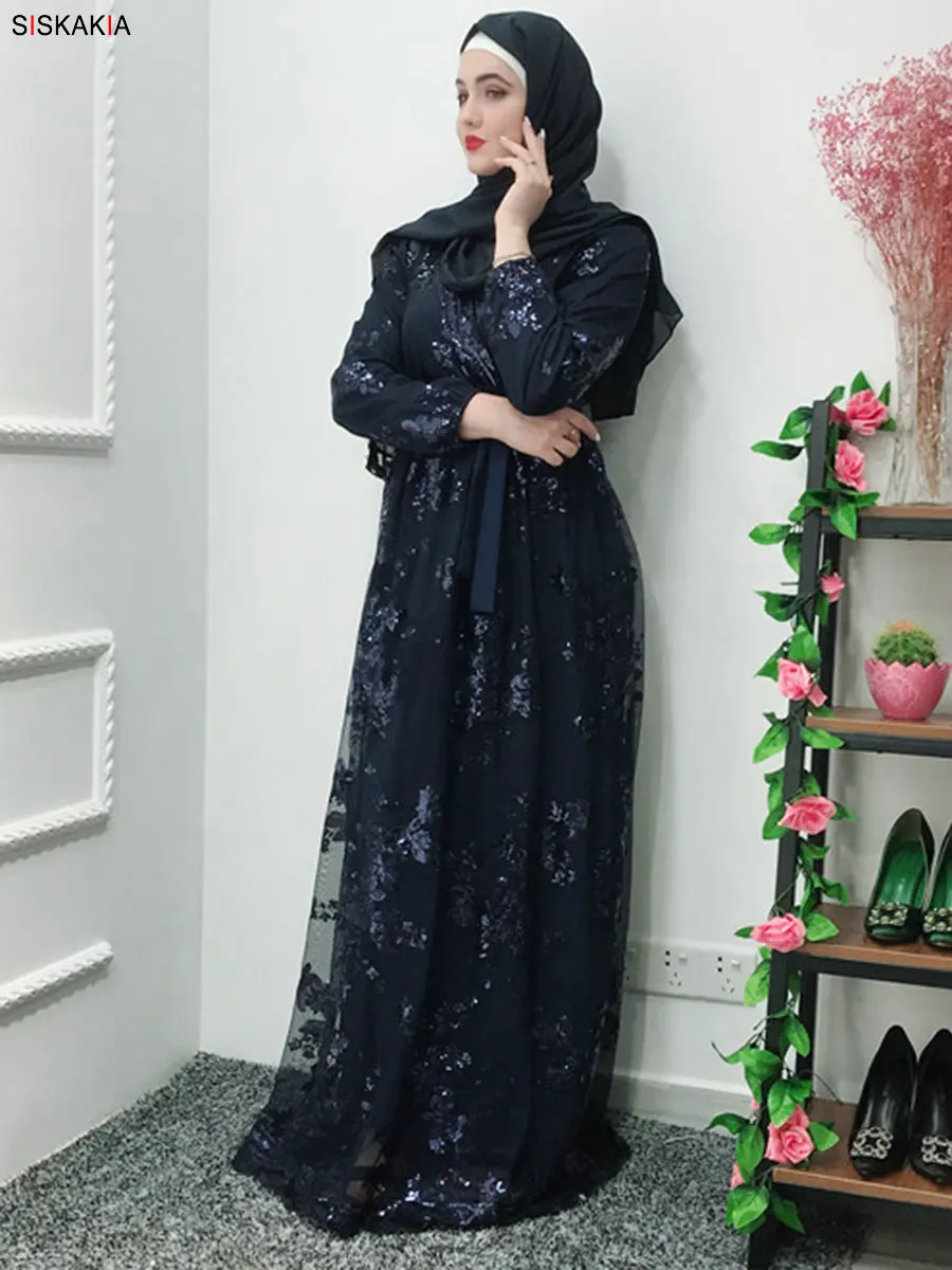 Siskakia модная мусульманская абайя платье металлический цвет Высококачественный кружевной горячий штамп Дубай халат арабский ислам