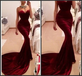 Unique Designer Burgundy Mermaid Prom Dresses 2017 women Long Train Flattered Fitted Red Wine Velvet Elegant Party Gowns A95