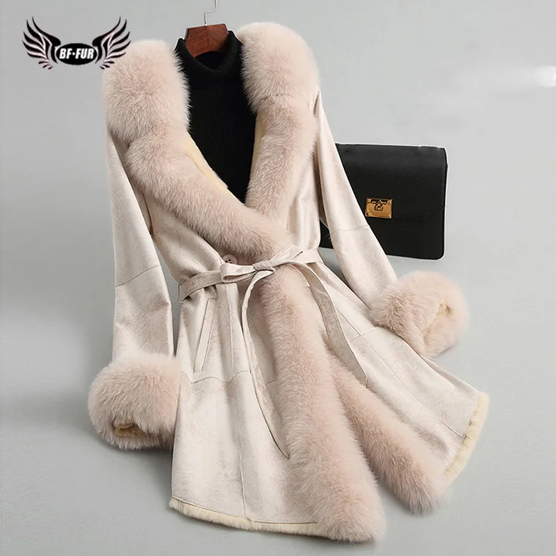 

BFFUR Genuine Natural Fur Coats With Hood Suede Real Fur Jacket Fox Fur Collar Cuff And Rabbit Fur Liner Women Overcoat Luxury