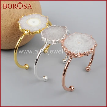 

BOROSA Gold Rose Gold Silver Color Natural Solar Quartz Bangle, White Quartz Stone Fashion Druzy Bangles G1253