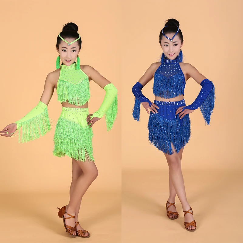 Обувь для девочек Ленточки Костюмы для латиноамериканских танцев платье для танцев Дети Samba танцевальная одежда костюмы наряды дети Профессиональный Костюмы для бальных танцев Salsa Костюмы для латиноамериканских танцев платье с бахромой