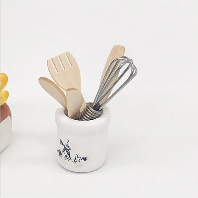Wooden Knife And Fork Metal Whisk Jar Set Dollhouse Miniatures 1:12 Accessories Doll House Mini Kitchen Accessories 3