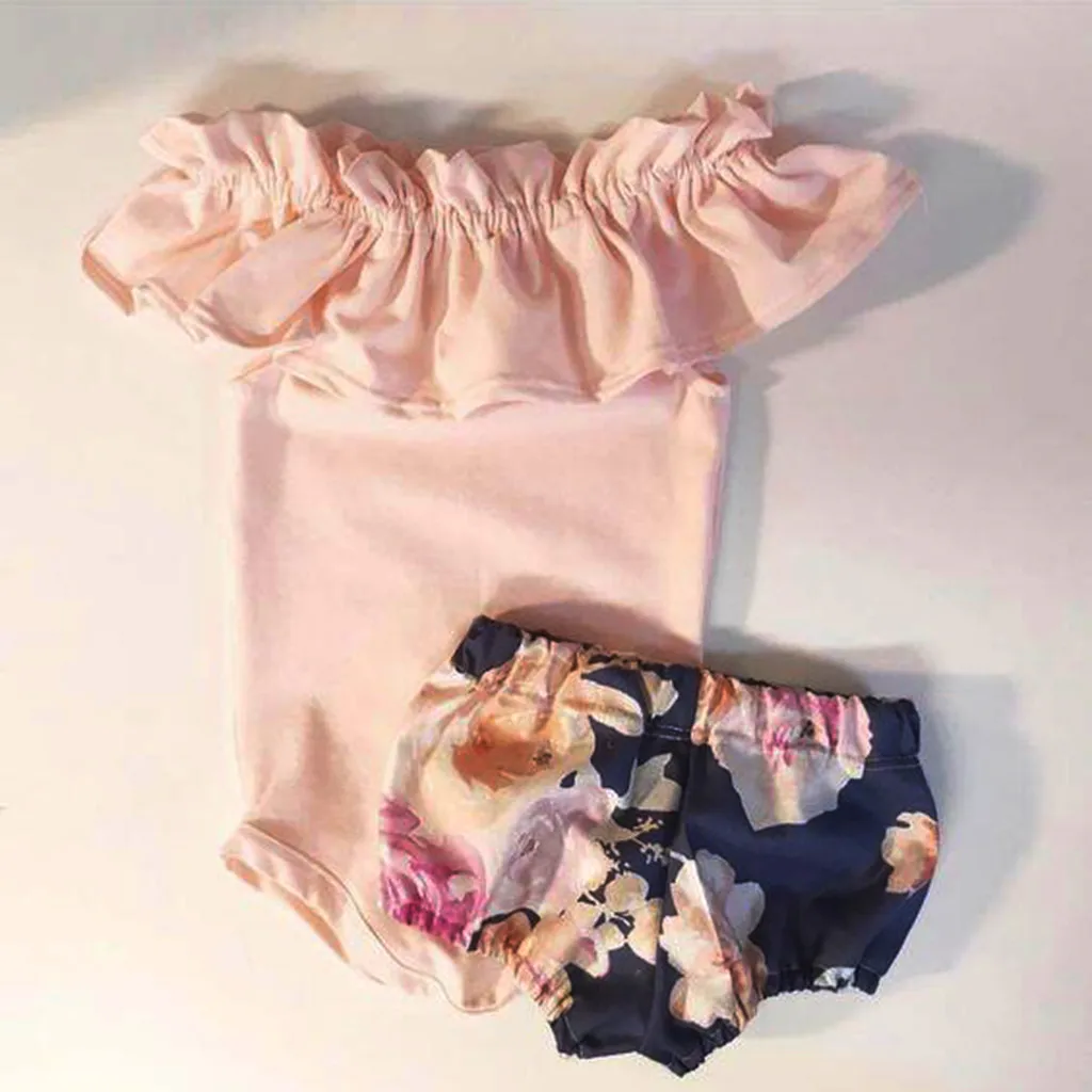 

Baby Baby Ruffled Off Shoulder Pink Romper + Colorful Printed Triangle Shorts Two Piece Set Yenidogan Bebek Giyim Infantil