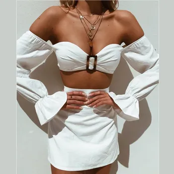 

2019 Women Holiday Long Sleeve Solid Party 2 Piece Set Short Sexy Metal Buckle Slash Neck Pleated Two Piece Outfits