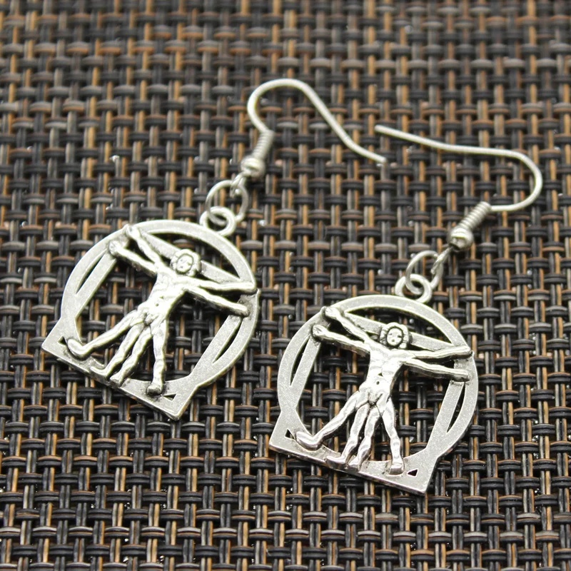 

Antique Silver Color Da Vinci Human Figure Charm Drop Earring, Dangle Earrings For Womens