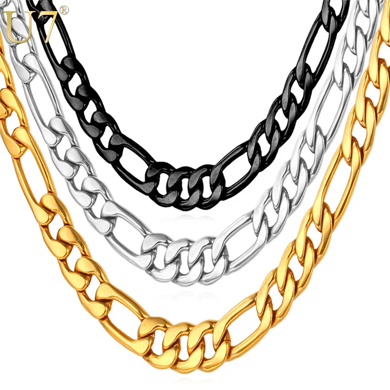 U7 Mens Figaro Chain Necklaces Stainless Steel Jewelry Black/Gold