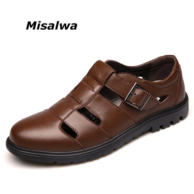 Misalwa Hollow Breathable Men Durable Leather Sandals Classic Casual
