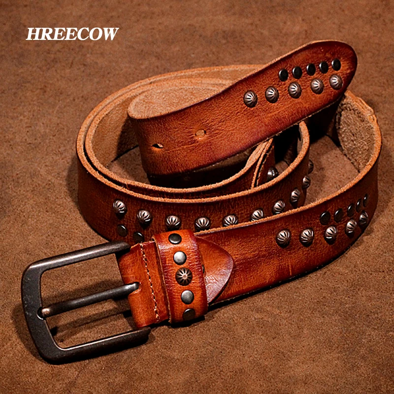

Mens Punk Belt Pin Buckle Genuine Leather Skull Rivet Belt For Man Joker Jeans Designer Exclusive Cowskin Leather Belt For Jeans