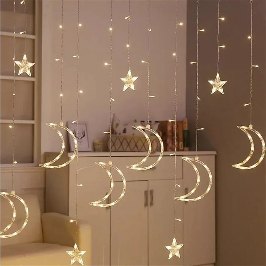 

3.5M EU220V Romantic Holiday Lights Star Moon Led Curtain String Light Xmas Christmas Garland Light For Wedding Party Decor