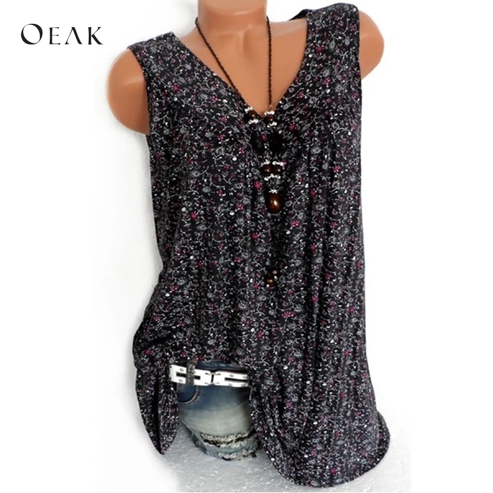 

Oeak 2019 Women's V Neck Tops Sleeveless T-Shirt Casual Printed Summer Vest New Fashion Female Loose Simple Sleeveless Tank