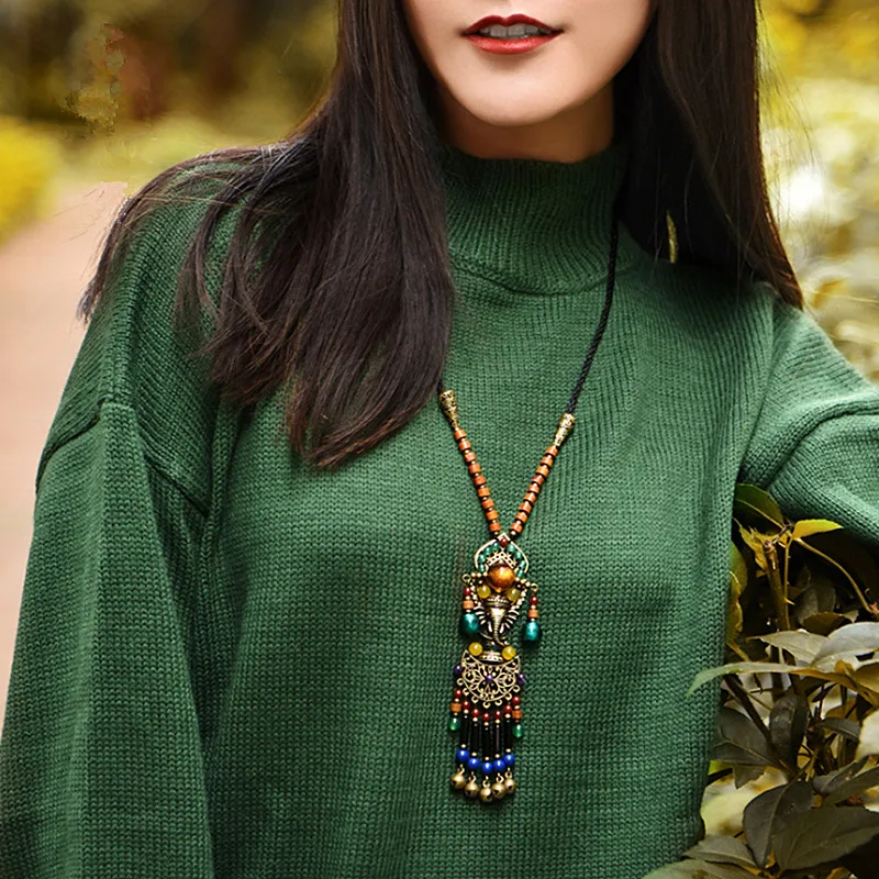 Yanting Bohemia Long Pendant Necklace Women Copper Alloy Elephant Natural Stone Sweater Chain Ethnic Boho Statement Necklace 042 (3)