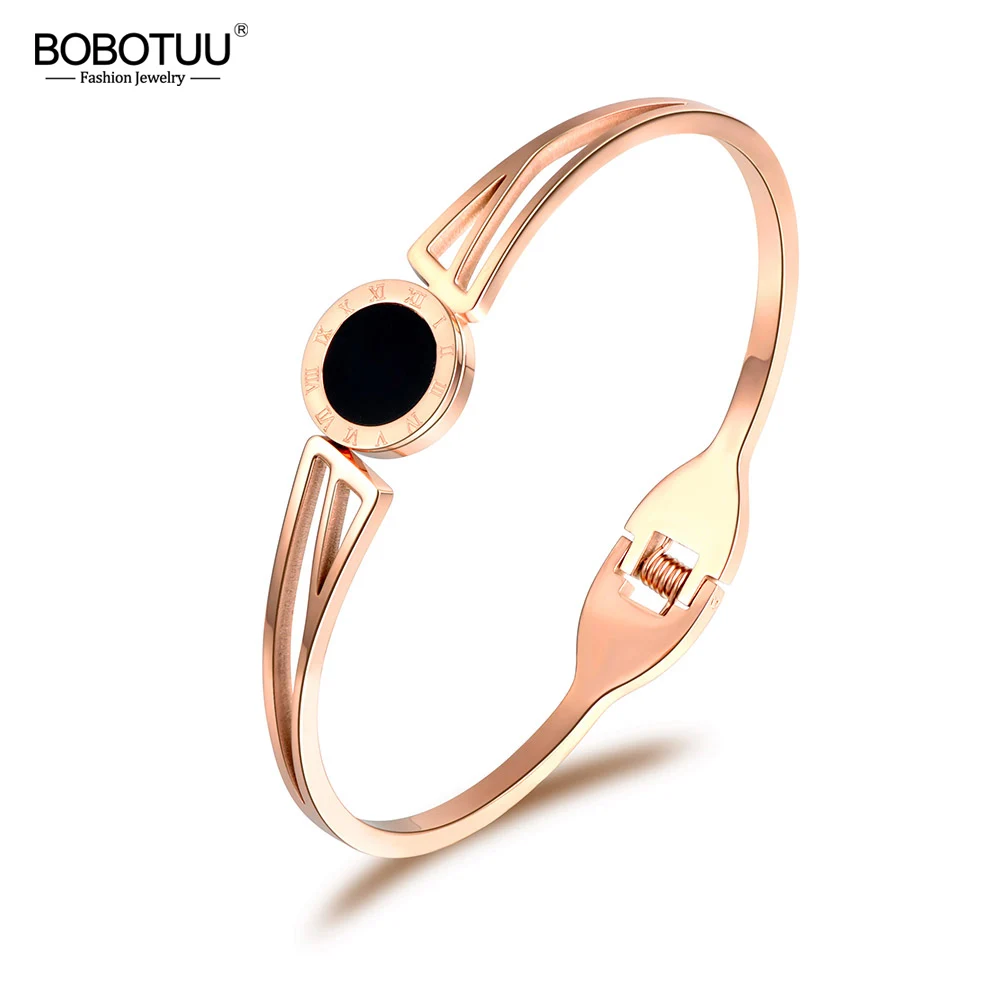 

BOBOTUU Trendy Stainless Steel Roman Numerals Rose Gold Color Cuff Bangles Bracelets Lovers Jewelry Valentine's Day Gift BB18052