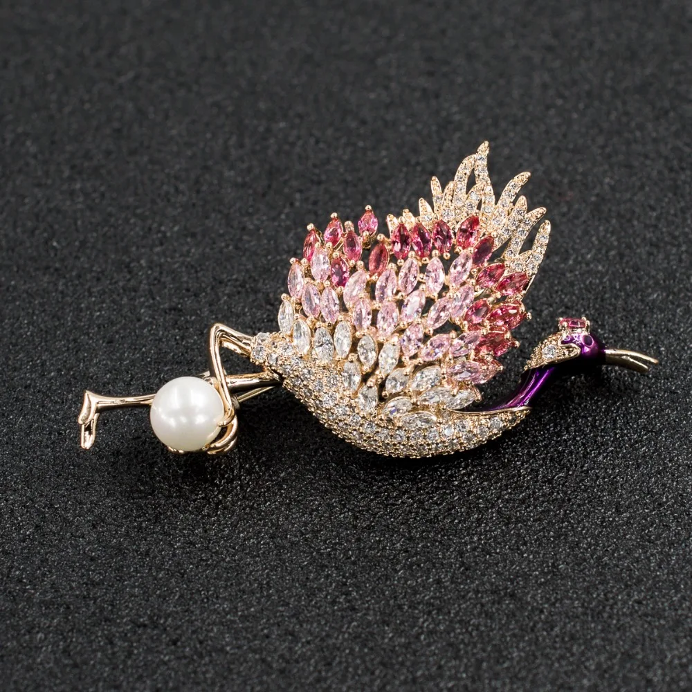 Cubic Zirconia Pearl Bird Flamingo Brooch Broach Pin Pendant Women Jewelry Accessories Thanksgiving gift XR03436