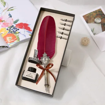 

British European wine red turkey feather pen High-grade writing stationery gift pen Metal pen 5 pen tip gift box