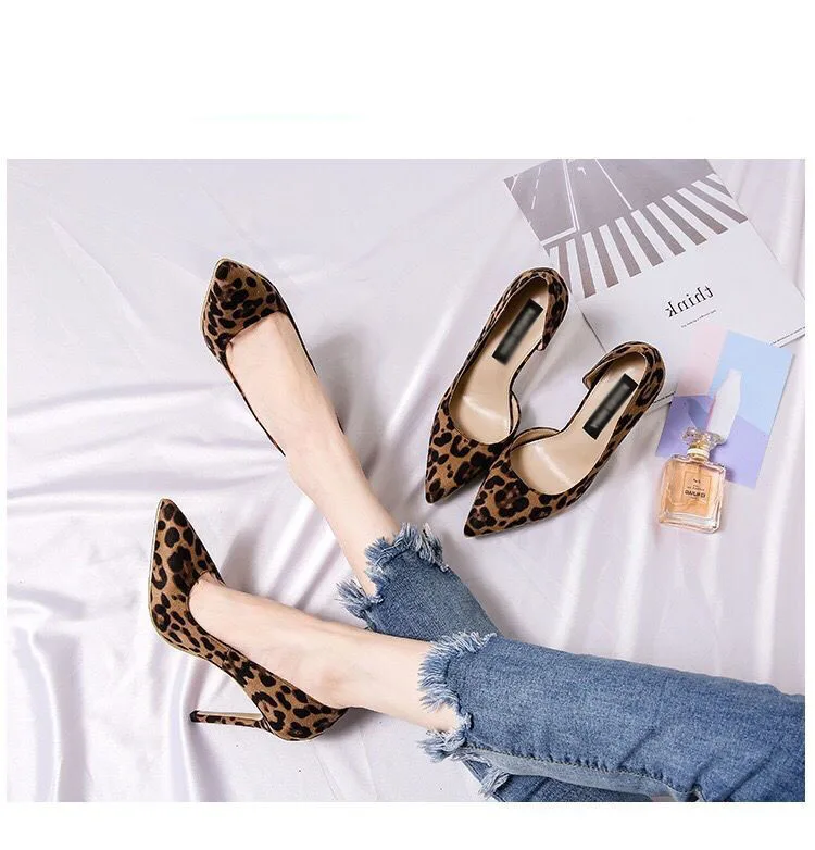 

Fashion Leopard Thin Heels Pumps 2018 New Spring&Autumn Women's Shoes Sexy Pointed Toe Side Empty Shallow 6/8/10CM Heels 33-41