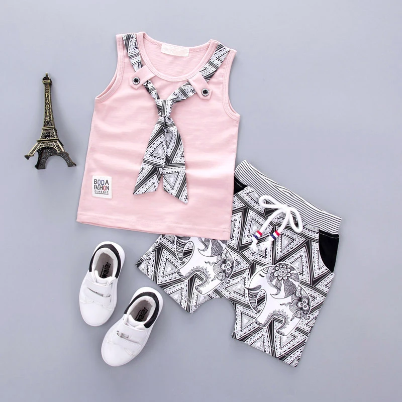 Летняя одежда для мальчиков и девочек хлопковый спортивный костюм Модная одежда для детей, Детская мода, Детский комплект для маленьких джентльменов, галстук, футболка и шорты, 2 шт./компл. Одежда для младенцев комплект - Цвет: XH lingdai pink