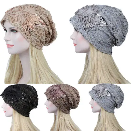 New Lace Sequin Hat Women Cotton Lace Flower Slouchy Baggy Head Cap Beanie Turban Cancer Hat Stretch Chemo Cap Skullies Hat