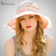 Женская летняя пляжная шляпа для женщин, милая Солнцезащитная шляпа с цветком и полями, Солнцезащитная тканевая шляпа WG140494