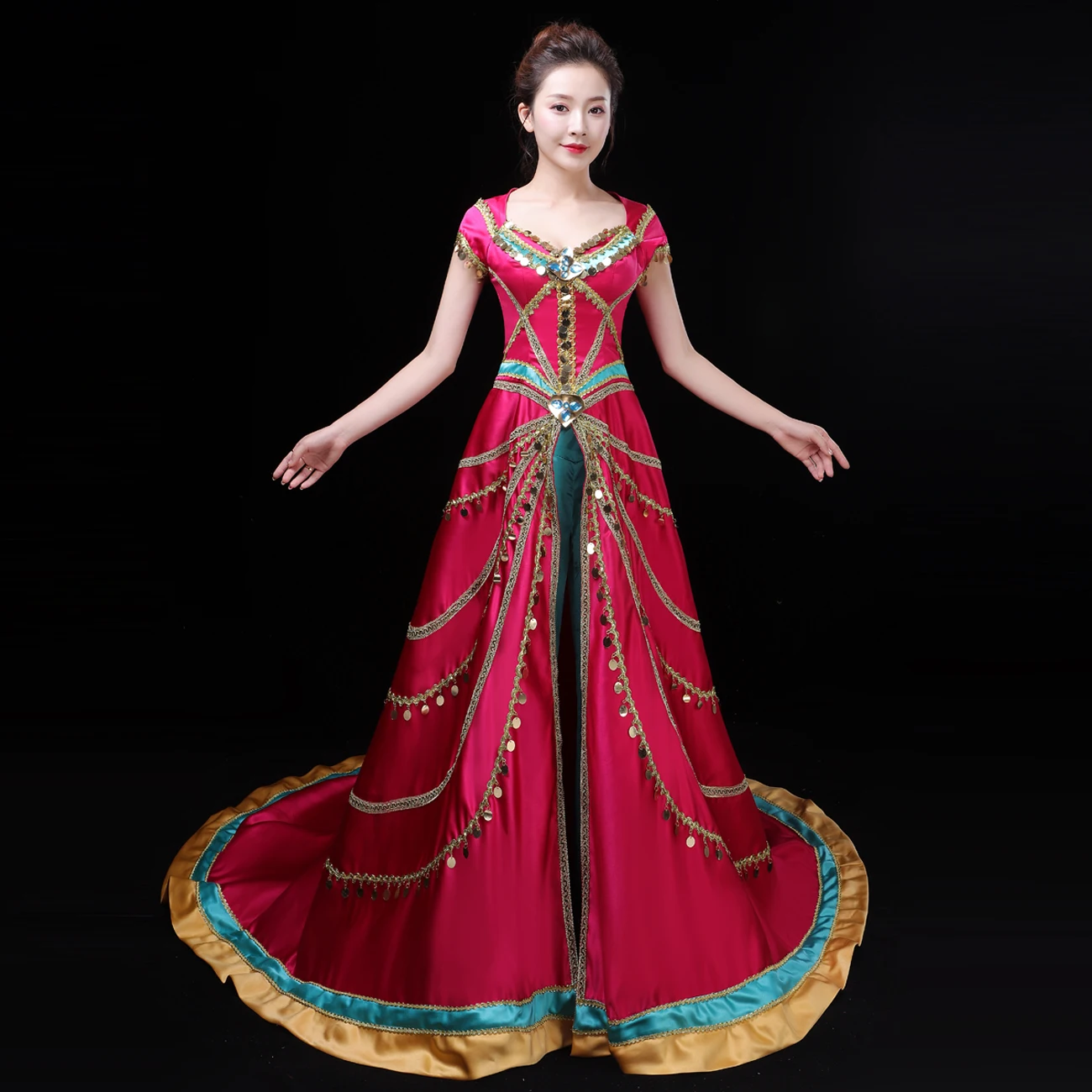 

2019 Movie Aladdin Princess Jasmine Cosplay Costume Halloween Outfit Coronation Costume Fancy Sequin Dress Coat long cloak Suit