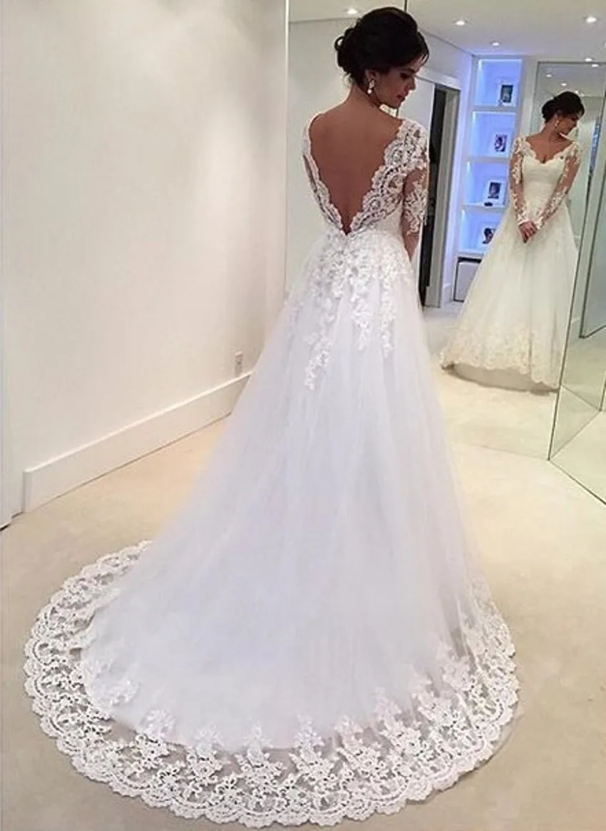 New Style White Wedding Dress Lace Long Sleeve Sexy Backless Bride