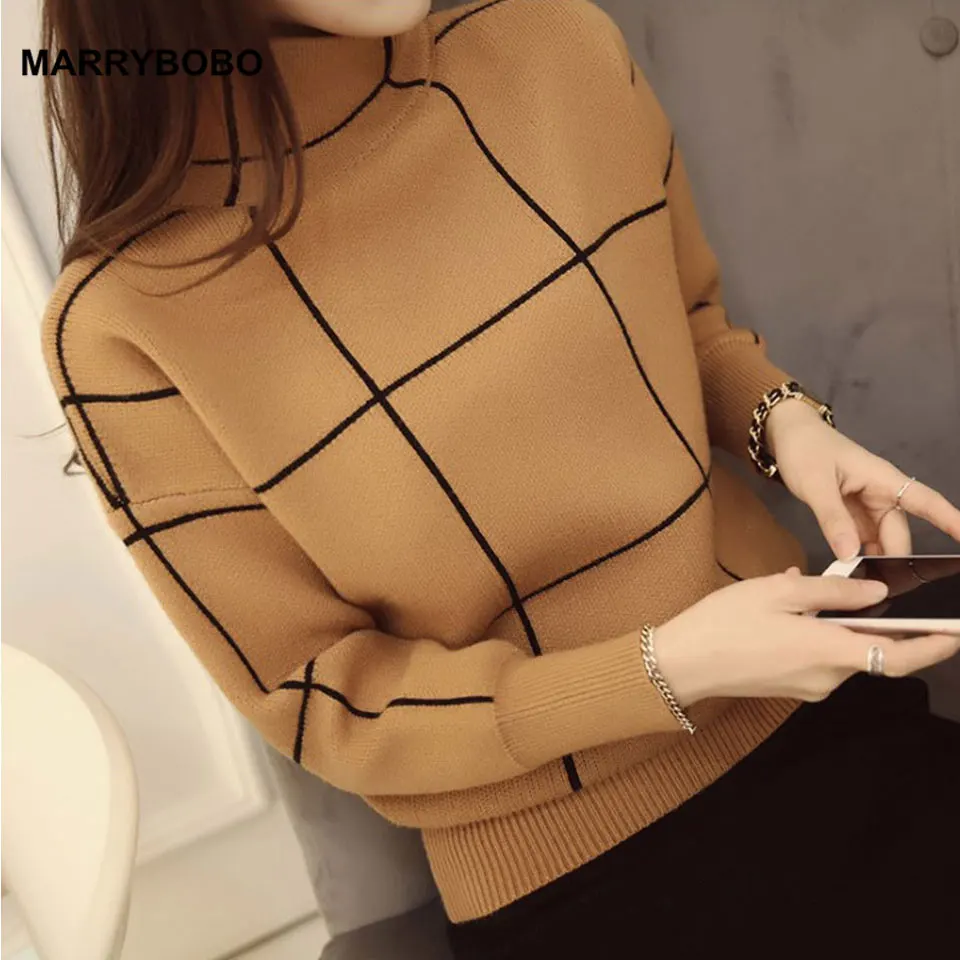 

New 2019 Winter Women Knitted Sweater Long Sleeve Female Plaid Top Korean Jumper Turtleneck Sweater Casual Thermal Pullover