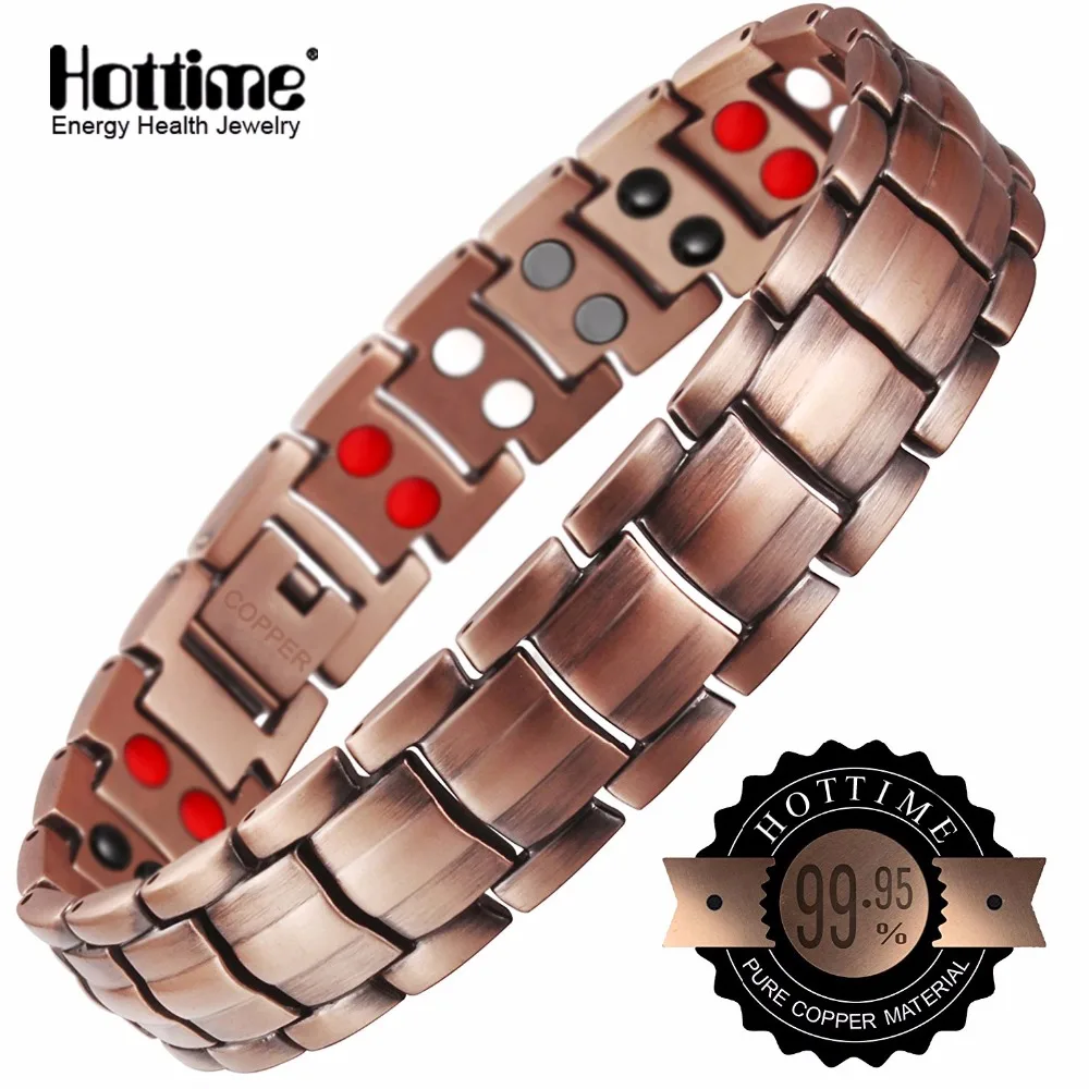 Hottime Double Row 4 IN 1 Bio Elements Energy Magnetic Bracelet Men's Fashion Healing 99.95% Pure Copper Bracelets Bangles