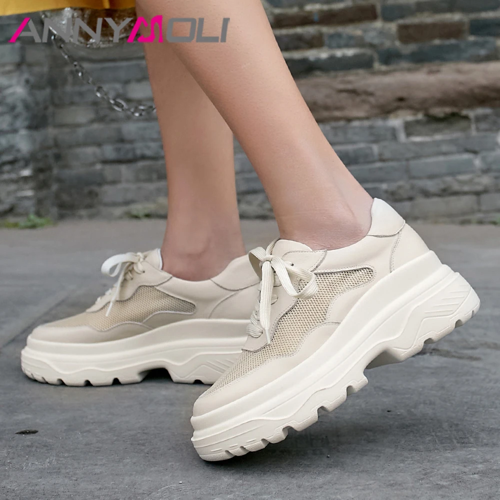 

ANNYMOLI Summer Sneakers Women Shoes Natural Genuine Leather Flat Platform Shoes Breathable Quality Sport Shoes Lady Size 34-39