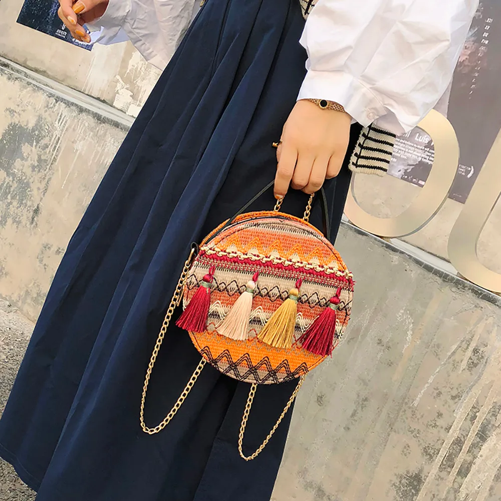 المرأة الوطنية الرياح حقيبة ساعي المحمولة سلسلة صغيرة حقيبة مستديرة شرابة حزمة أكياس Crossbody للنساء بولسا الأنثوية