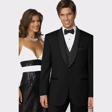 Мужские костюмы на заказ, Черные смокинги жениха с атласной шалью, 1 пуговица(пиджак+ брюки+ жилет