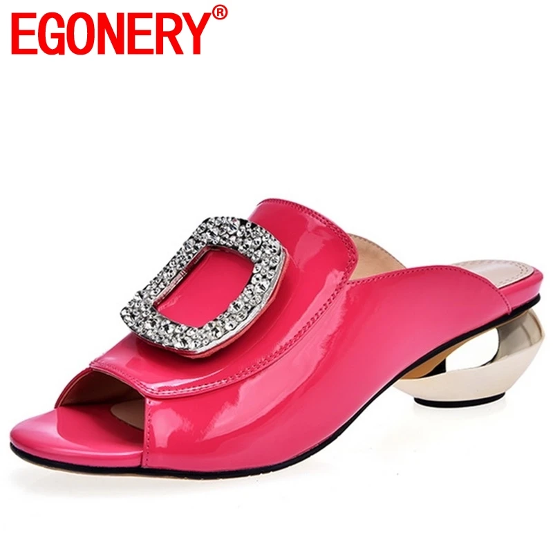 

EGONERY diamond genuine cow leather slippers sexy woman fashion sandals strange style med heels mules shoes summer slides