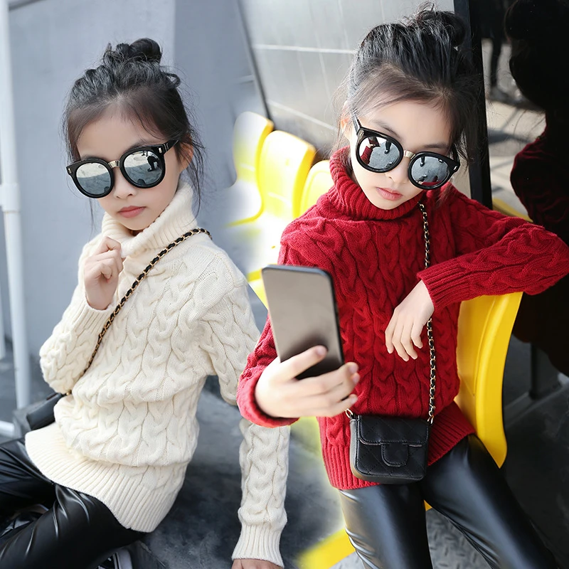

Retail 1Pcs Brand New Design Kids Girls Winter Turtleneck Knitted Sweater For School Girls Pink&Red&Black&White Pullover Sweater