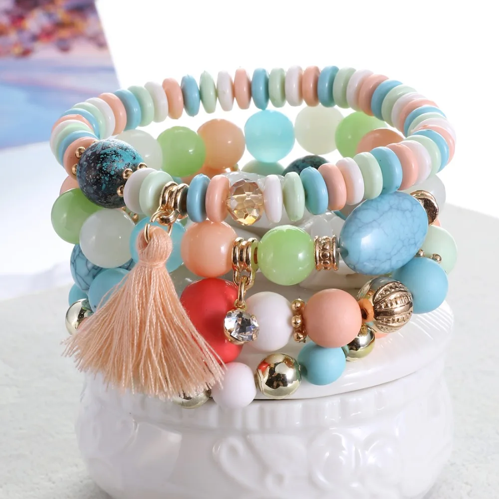 

Hesiod Multicolor Fashion Feather Beaded Stone Multilayer Vintage Tassel Beads Bracelet & Bangles Holiday Jewelry For Women