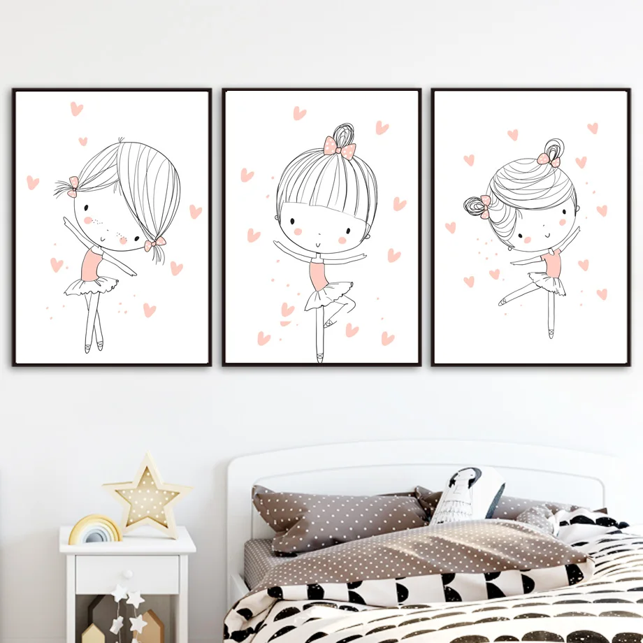 

Cartoon Girl Ballet Dancer Heart Wall Art Canvas Painting Nordic Posters And Prints Wall Pictures For Kids Room Girl Room Decor