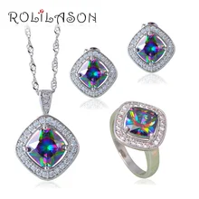 Gota Estampado Plata Esterlina Rainbow mystic Joyería Conjuntos Pendientes/Colgante/Collar/Anillos Para Mujeres JS663