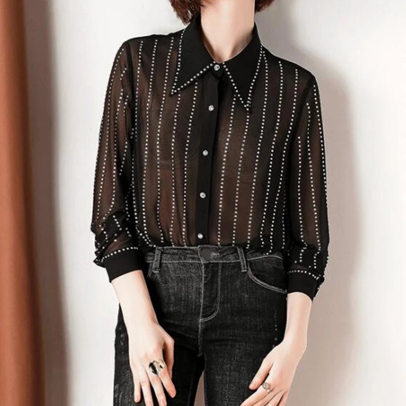 

Office Women Black Striped Shirts Runway Sexy Transparent Blouses 2019