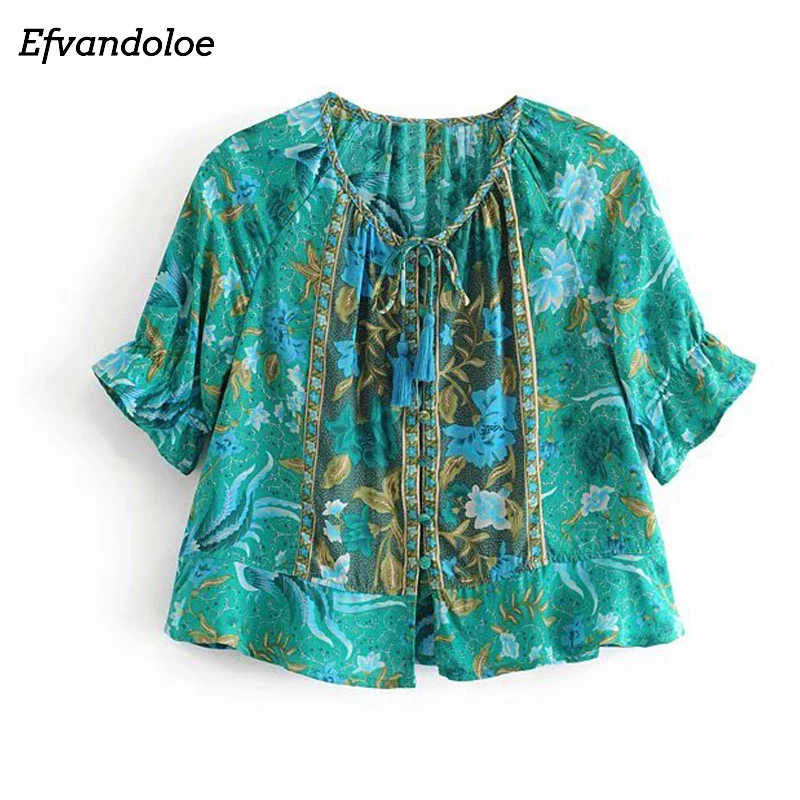 

Efvandoloe Green Bohemian Blouse Women Print Vintage Short Sleeve Ladies Tops 2019 Boho Blouses