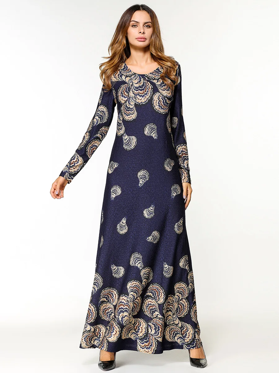 Женское длинное платье-Кафтан с принтом на осень и зиму, элегантное винтажное платье трапециевидной формы с круглым вырезом и длинным рукавом D397