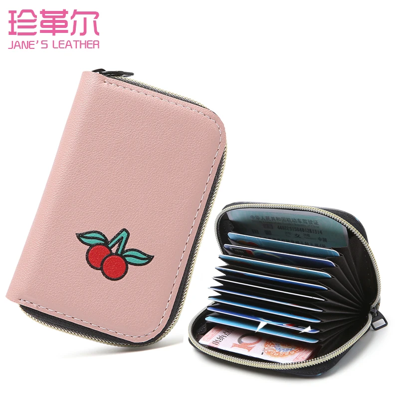 

JANE'S LEATHER Cute Cherry Design 11 Slots Business Cards Women Wallet Case Bag Credit ID Card Holder Bank Zip Clutch Coin Purse