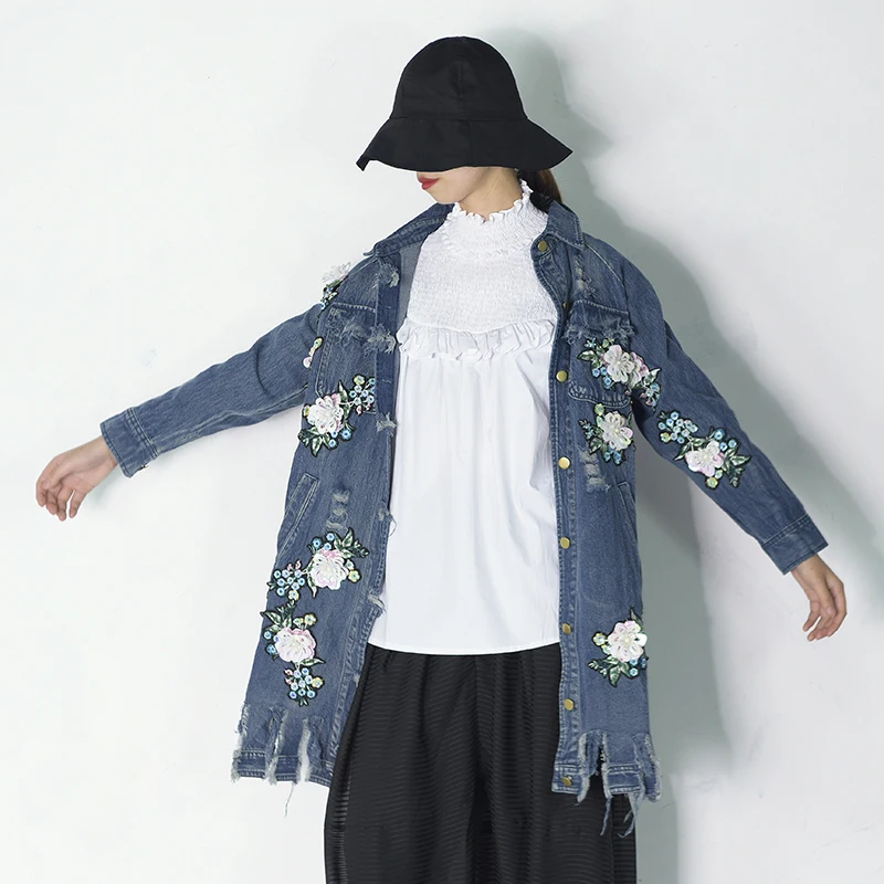 Blue Revers Jh209 Nouveau En Veste Commune Fendue Dimensions Longues Manches Long eam Lâche Mode Printemps Femmes Fleur Trois 2019 Denim wUq5UtH